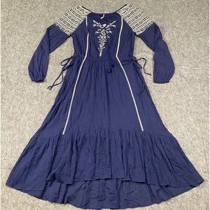 NEW *Flaw* Free People Maxi Dress Prairie Embroidered Gauzy Blue Cream Size Med